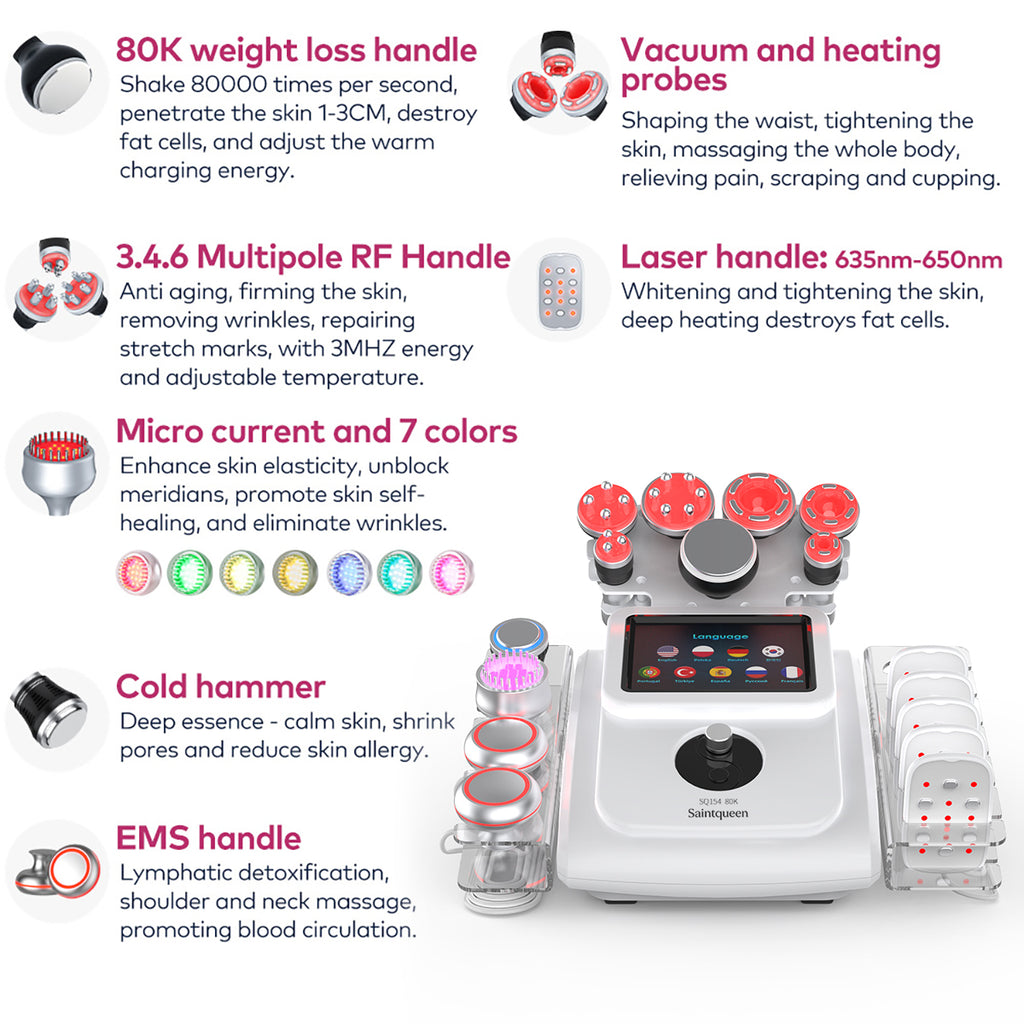SQ154B Max – Appareil silhouette 11-en-1 blanc, cavitation 80K, RF et microcourants