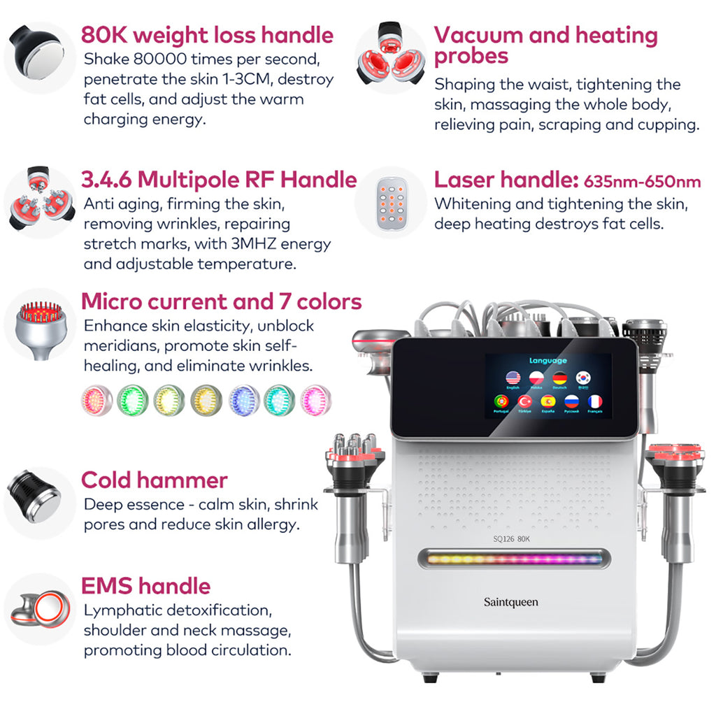 SQ126B Max 11-in-1 80K Ultrasonic Cavitation & RF Machine with Laser + Microcurrent Pads