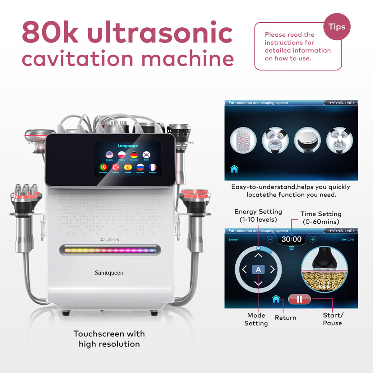 SQ126B Max 11-in-1 80K Ultrasonic Cavitation & RF Machine with Laser + Microcurrent Pads