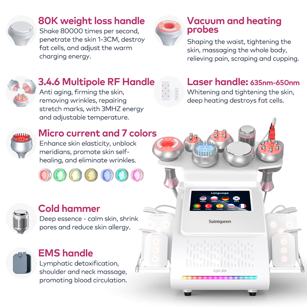 SQ85D Plus 9-en-1 – Cavitation 80K, RF, plaques laser, EMS et marteau froid Image secondaire du produit