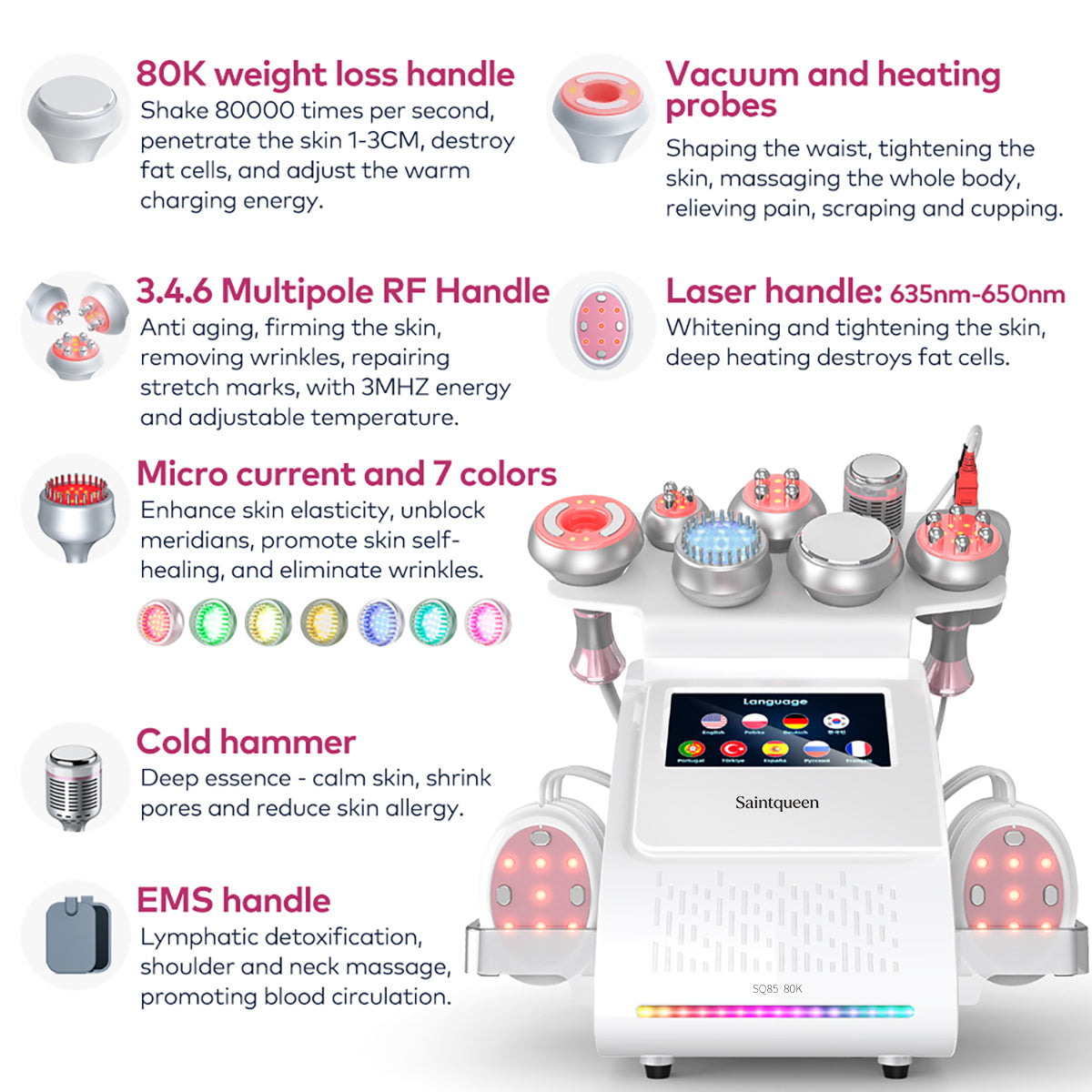 SQ85E Plus 9-en-1 – Cavitation 80K, RF, plaques combinées, EMS et marteau froid Image secondaire du produit