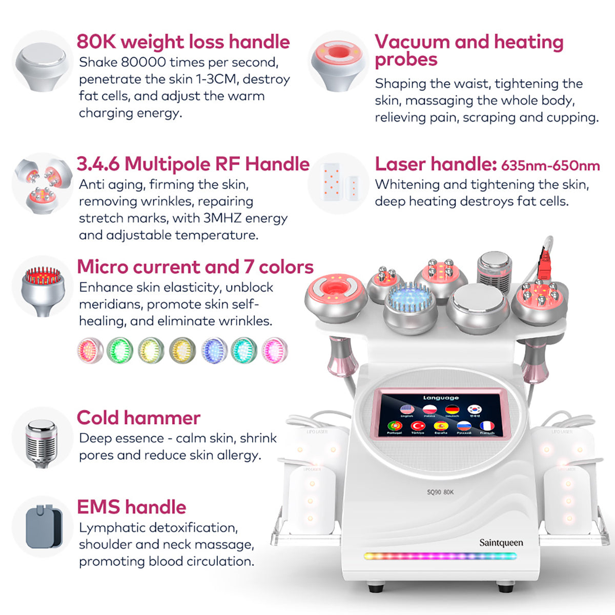 SQ90D Plus 9-en-1 – Cavitation 80K, RF, plaques laser, EMS et marteau froid Image secondaire du produit