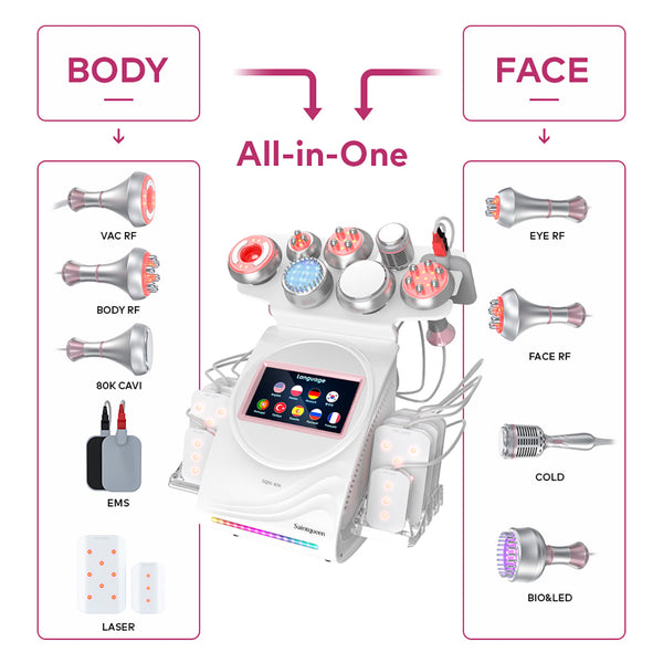 SQ90D Plus 9-en-1 – Cavitation 80K, RF, plaques laser, EMS et marteau froid