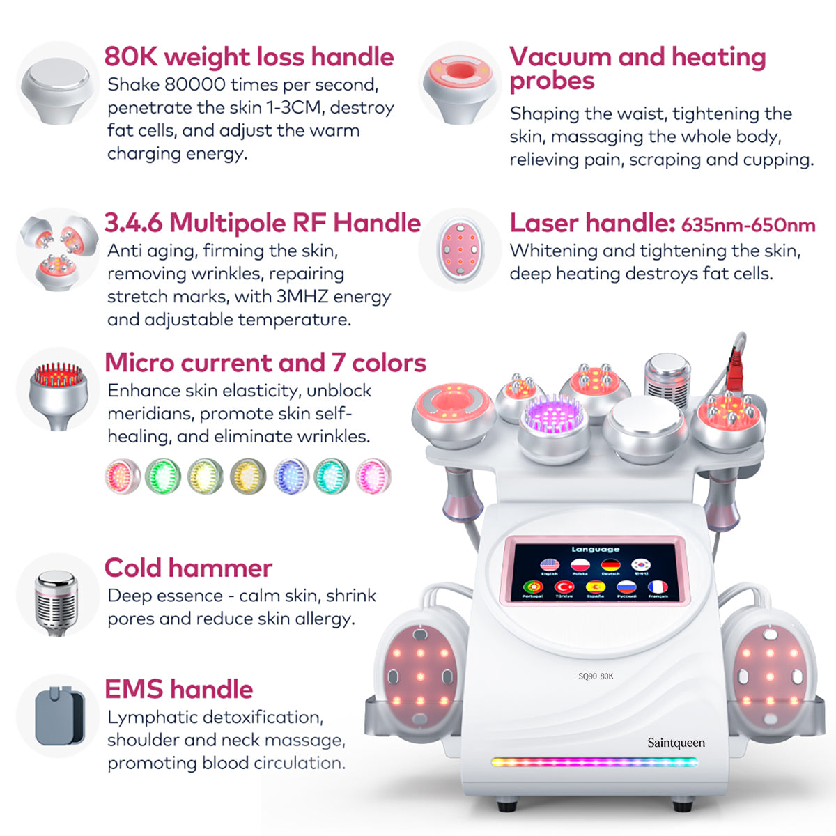 SQ90E Plus 9-en-1 – Cavitation 80K, RF, plaques combinées, EMS et marteau froid Image secondaire du produit