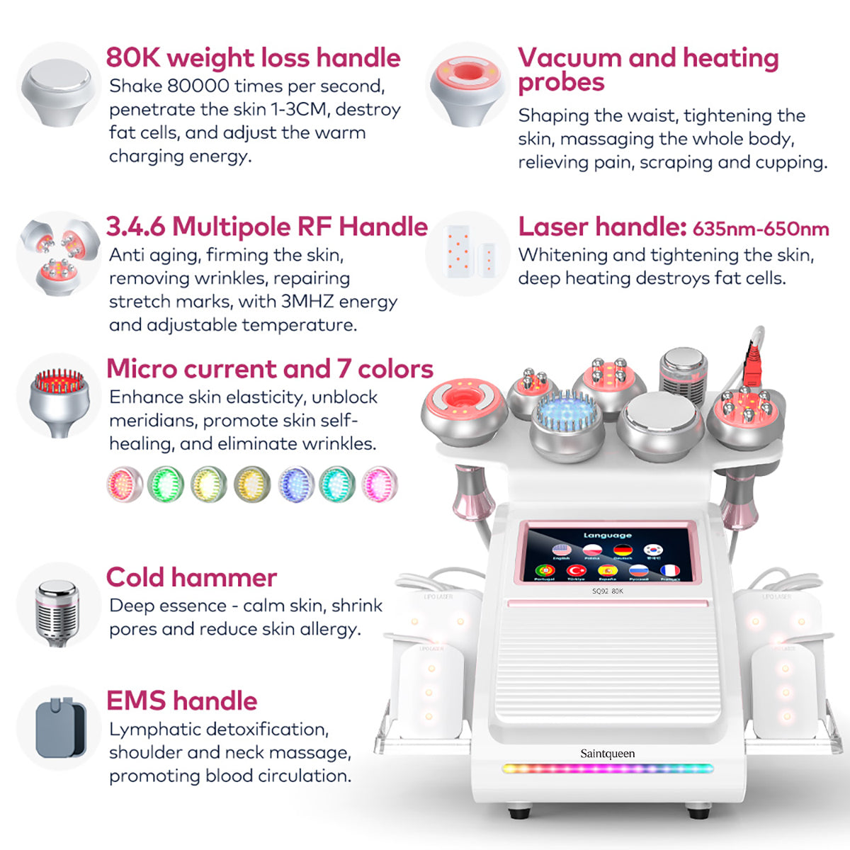 SQ92D Plus 9-en-1 – Cavitation 80K, RF, plaques laser, EMS et marteau froid
