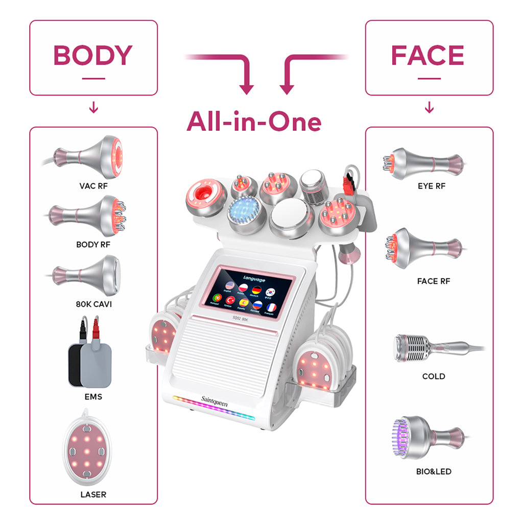 SQ92E Plus 9-en-1 – Cavitation 80K, RF, plaques combinées, EMS et marteau froid