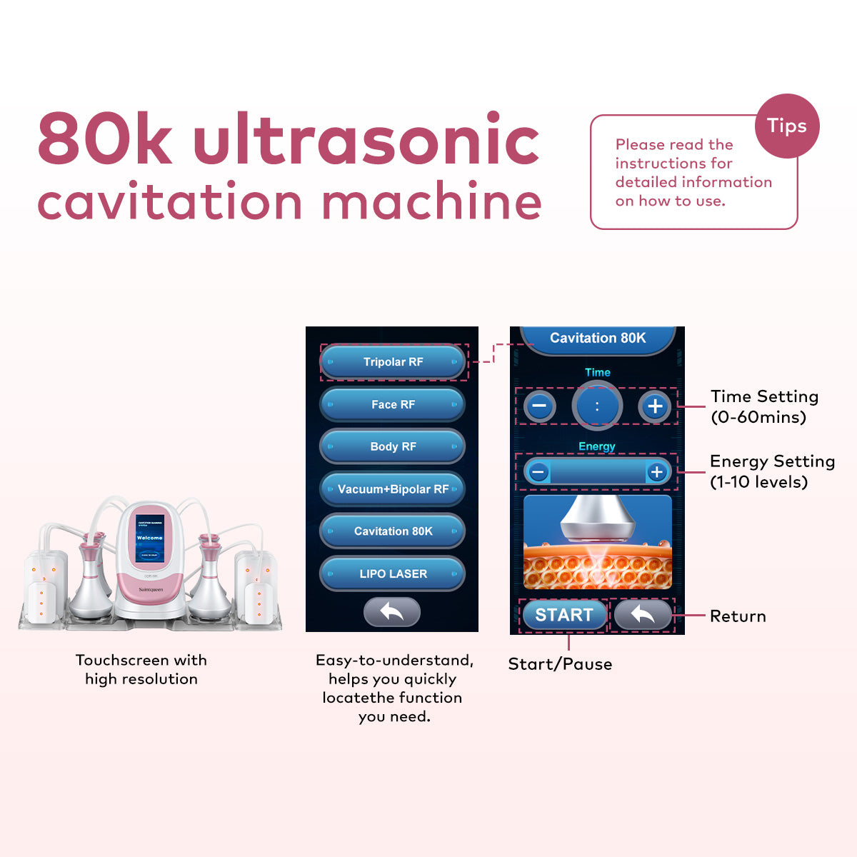 SQ95C Pro, 6in1 80K Cavitation Machine | Multi-Polar RF Vacuum Lipo Laser Body Sculpting Device, Face Lifting Skin Tightening Anti-Aging