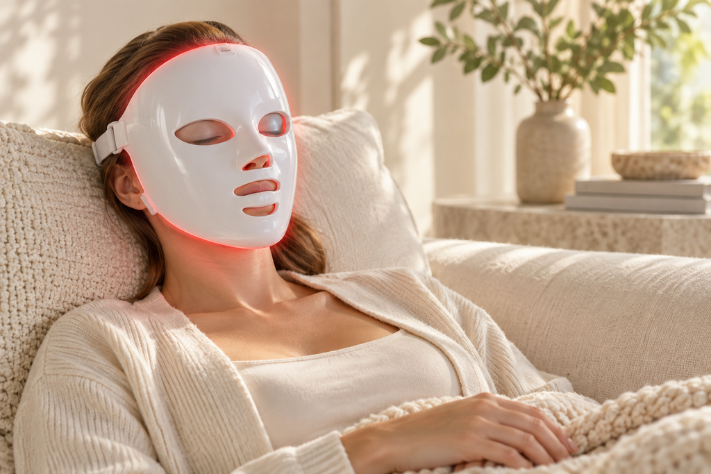SQ10 LED mask worn during an at-home care routine