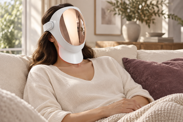 Woman resting at home wearing the SQ107 LED face mask